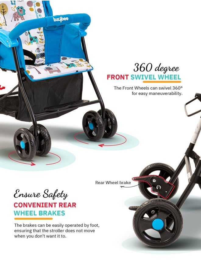Infant Baby Stroller for Newborn Babies with 2 Position Adjustable Canopy Round Grip Handle Safety Harness Storage Basket Baby Push Stroller for Toddlers 6 Months to 3 Years Boys Girls Blue