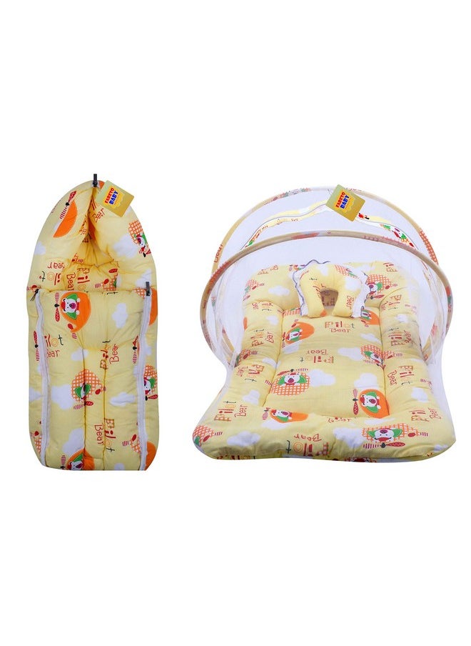 ® New Born Baby Gift Pack Cat Print Mattress With Mosquito Net & Sleeping Bag Combo (Blue) (Yellow)