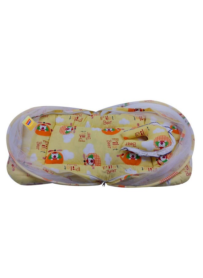 ® New Born Baby Gift Pack Cat Print Mattress With Mosquito Net & Sleeping Bag Combo (Blue) (Yellow)