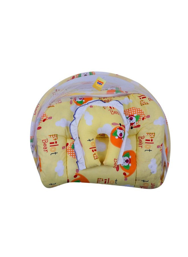 ® New Born Baby Gift Pack Cat Print Mattress With Mosquito Net & Sleeping Bag Combo (Blue) (Yellow)