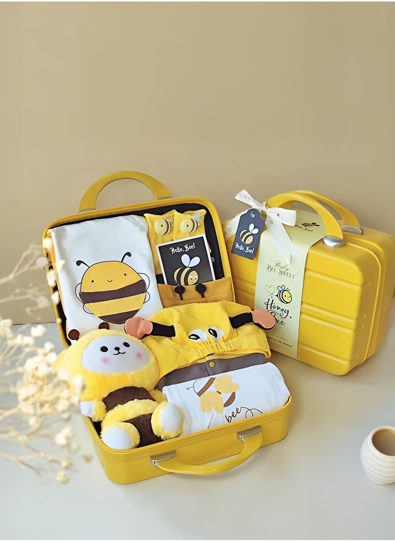 Newborn Baby Bee-Themed Baby Gift Set for 0-3 Months with wooden Toys , Jumpsuits, Romper, Bee Doll & Keepsake Suitcase for Boys and Girls