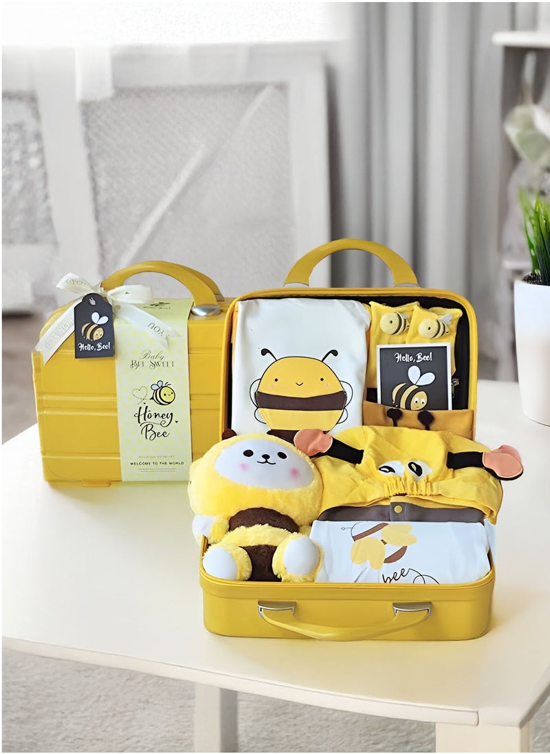 Newborn Baby Bee-Themed Baby Gift Set for 0-3 Months with wooden Toys , Jumpsuits, Romper, Bee Doll & Keepsake Suitcase for Boys and Girls