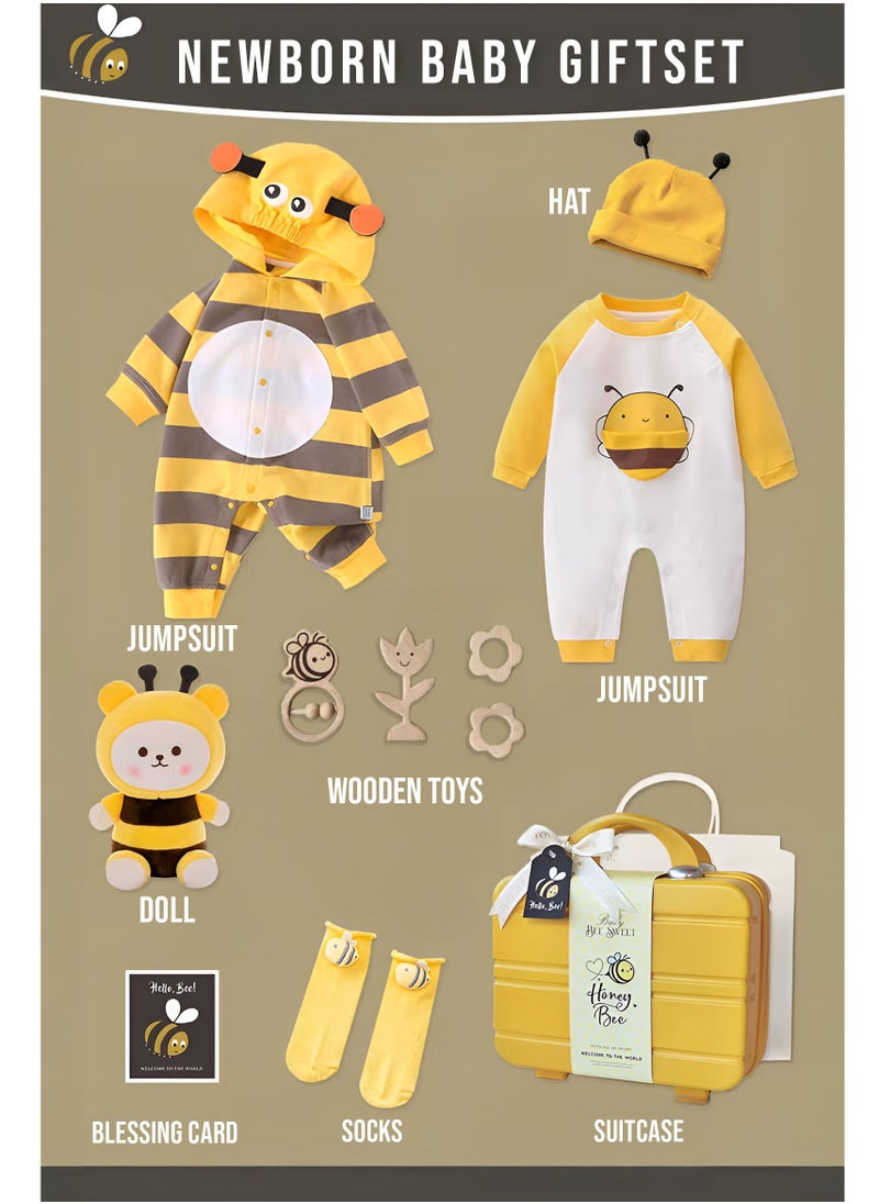 Newborn Baby Bee-Themed Baby Gift Set for 0-3 Months with wooden Toys , Jumpsuits, Romper, Bee Doll & Keepsake Suitcase for Boys and Girls