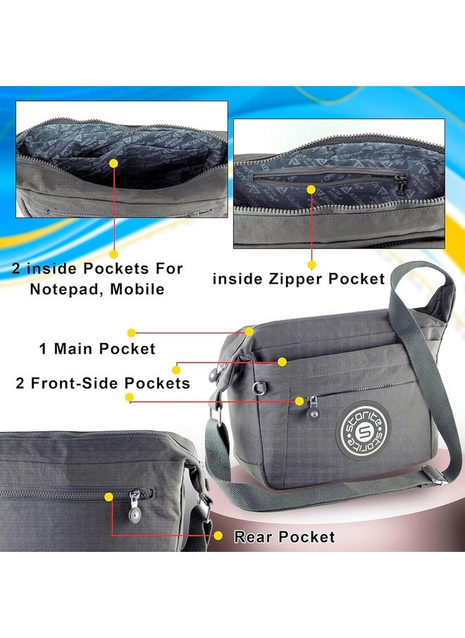 Storite Portable Nylon Stylish Small 6 Multi-Pocket Zip Closure Sling Cross Body Travel Messenger One Side Shoulder Bag for Men & Women - (Grey,27x10.5x23 cm)