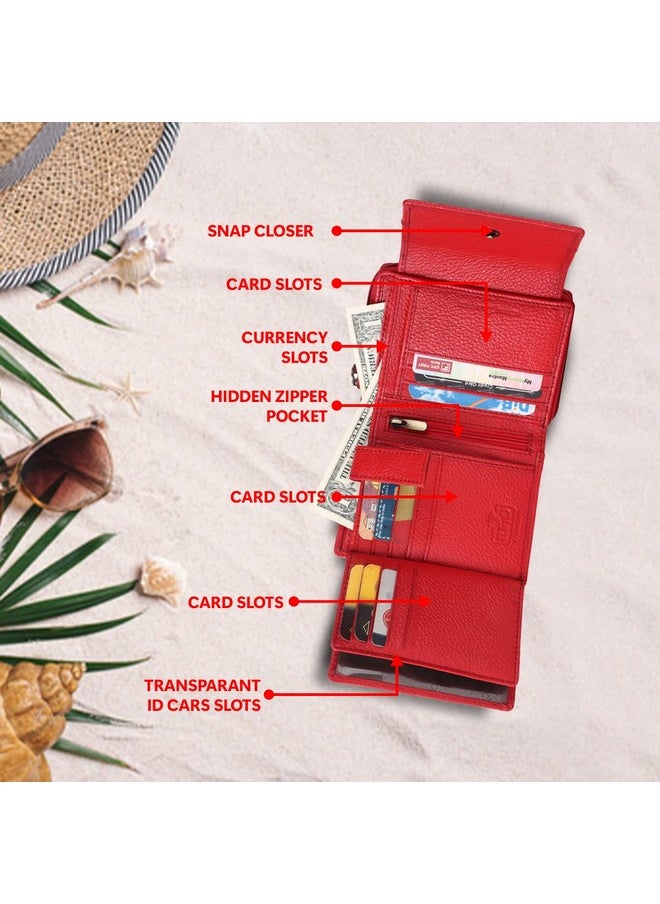 HAMMONDS FLYCATCHER Wallet for Women - Genuine Leather Ladies Wallet - Red - 14 Card Slots - RFID Protection - 3 ID Card Slots - Women's Wallet - Button Closure -Hand Wallet - Daily Use, Money Purse
