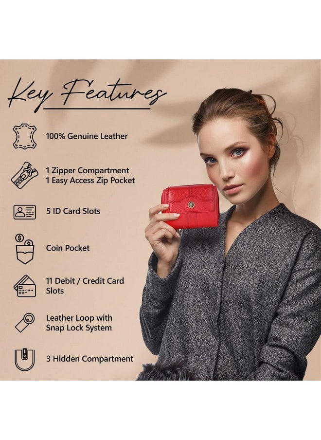 HAMMONDS FLYCATCHER Wallet for Women - Genuine Leather Ladies Wallet - Red - 14 Card Slots - RFID Protection - 3 ID Card Slots - Women's Wallet - Button Closure -Hand Wallet - Daily Use, Money Purse