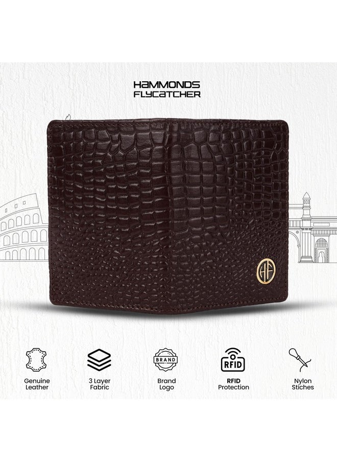 HAMMONDS FLYCATCHER Genuine Leather Card Holder for Men, Credit Card Holder, Slim Bi-Fold RFID Protected Credit Card Wallet for Men with 4 Card Slot (Fits Upto 8 Cards), Metal Snap Button - Croc Brown