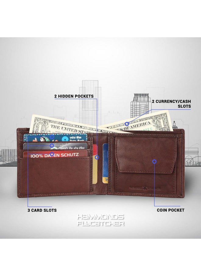 HAMMONDS FLYCATCHER Genuine Leather Wallet for Men - RFID Protected Leather Purse for Men, Money Purse for Men, Bi-Fold Wallet - 6 Card Slots, 1 Card Case, Coin Pocket, Hidden Pockets - Antique Brown