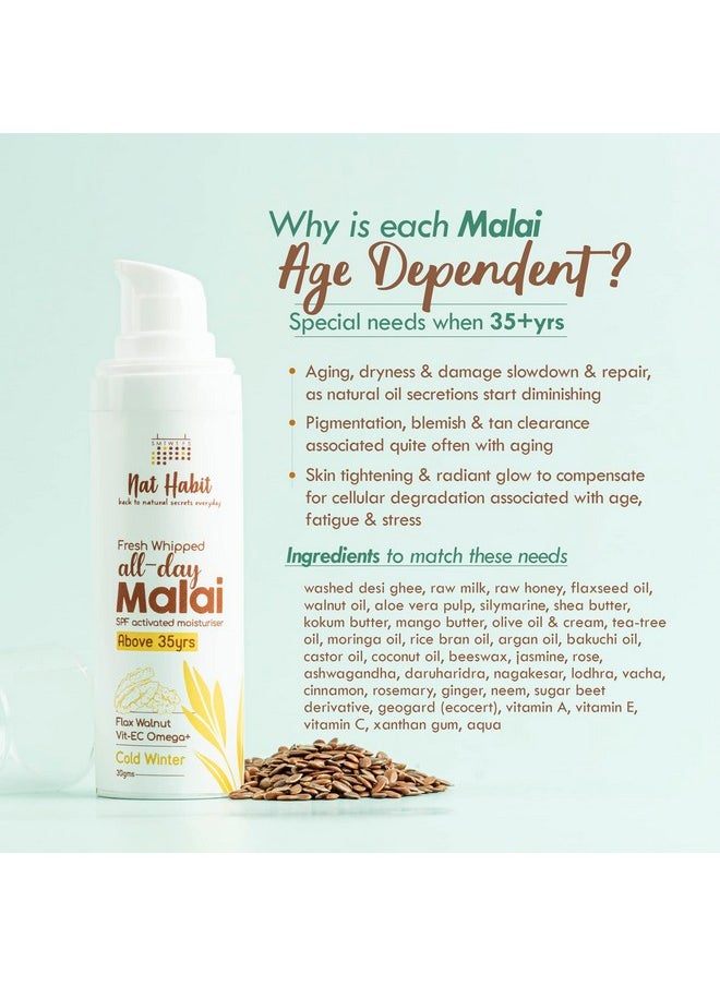 Nat Habit All Day Face Cream, Fresh Whipped Flax Walnut Face Malai With Vitamins E, C & Omega+ For Cold Winter Weather Face Moisturization (Ages 35+) - 30g
