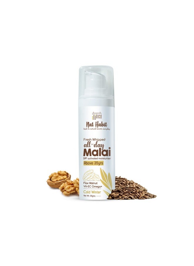 Nat Habit All Day Face Cream, Fresh Whipped Flax Walnut Face Malai With Vitamins E, C & Omega+ For Cold Winter Weather Face Moisturization (Ages 35+) - 30g