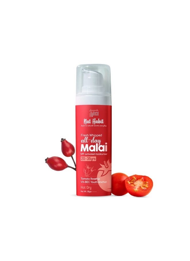 Nat Habit All-Day Face Moisturizer Fresh Whipped Tomato Rosehip Vit-BEC Youth Anchor Face Malai For Sun Protection In Hot and Dry Weather (Ages 20-35) - 30g