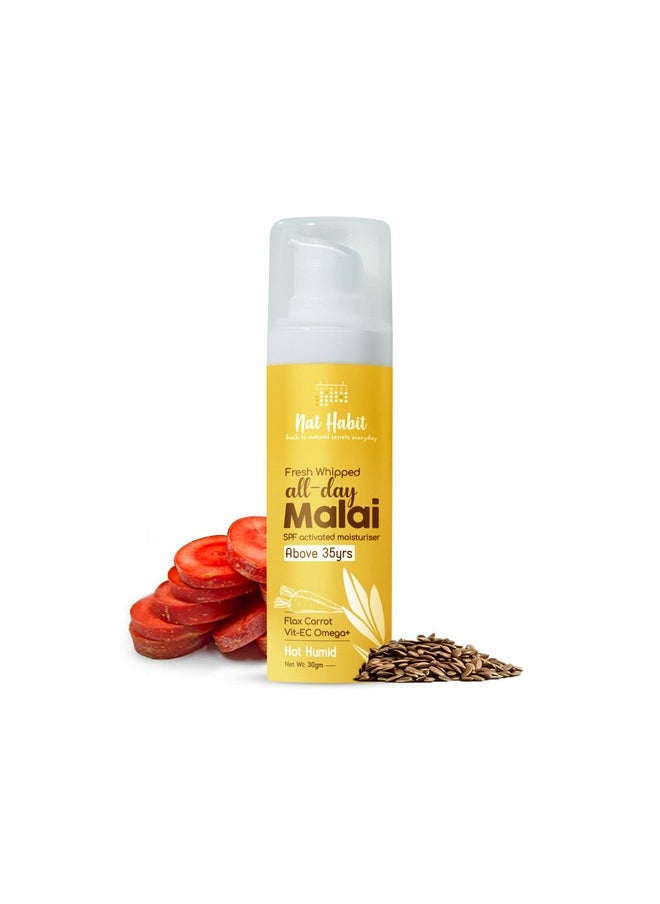 Nat Habit All Day Face Cream Fresh Whipped Flax Carrot Face Malai With Vitamins E, C & Omega+ For Hot Humid Weather Face Moisturization & Sun Protection (Ages 35+) - 30g