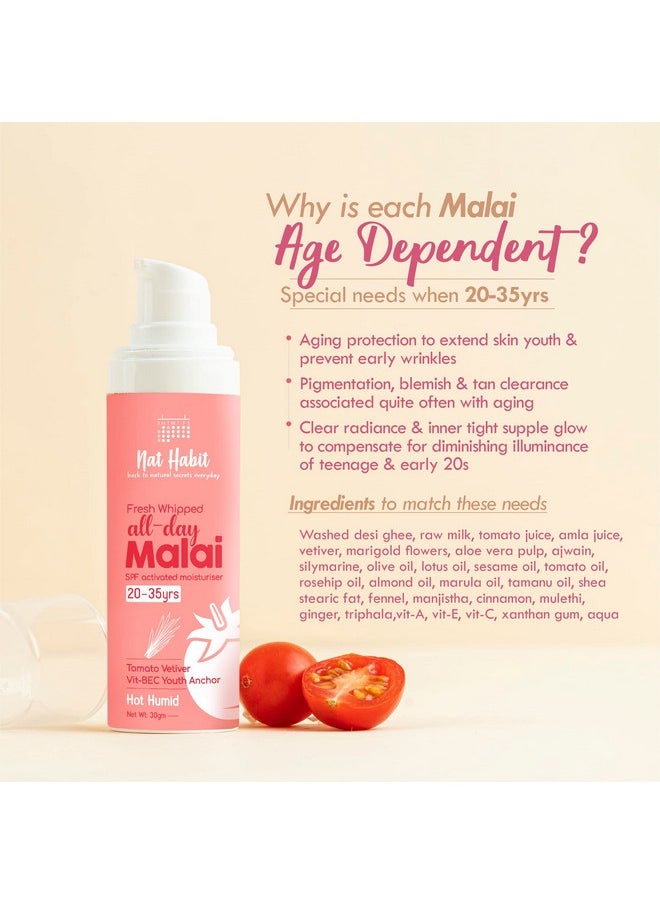 Nat Habit All Day Face Cream, Fresh Whipped Tomato Vetiver Face Malai, Vitamins B, E & C - Youth Anchor For Hot Humid Weather Moisturization & Sun Protection (Ages 20-35 yrs, 30g)