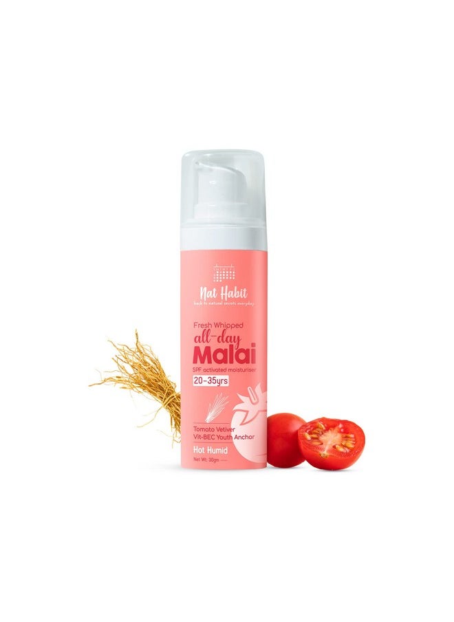 Nat Habit All Day Face Cream, Fresh Whipped Tomato Vetiver Face Malai, Vitamins B, E & C - Youth Anchor For Hot Humid Weather Moisturization & Sun Protection (Ages 20-35 yrs, 30g)