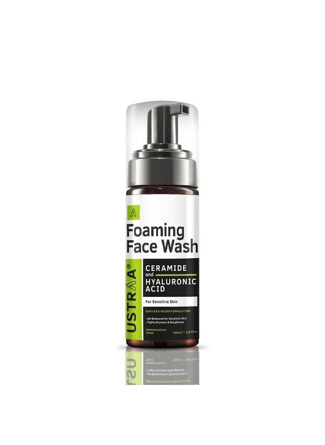 Ustraa Foaming Face Wash - 150ml - with Ceramide & Hyaluronic Acid - For Sensitive Skin | Gentle Formulation | Keeps pH in Balance | Dermatologically Tested | NO SLS, NO PARABEN