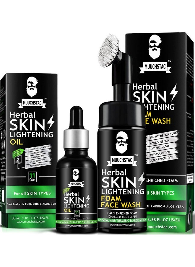 Men’S Herbal Skin Lightening Oil & Haldi Enriched Foam Face Wash Combo - Ayurvedic Skincare For Clear, Glowing Skin