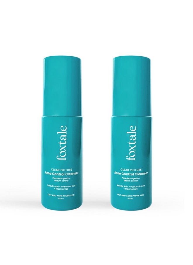 Foxtale- (Pack of 2) 2% Salicylic Acid Face Wash for Oily & Acne Prone Skin with Niacinamide, Hyaluronic Acid | Anti Acne Cleanser for Oil Control | Reduces Pimples and Breakouts | Men & Women- 100 ml