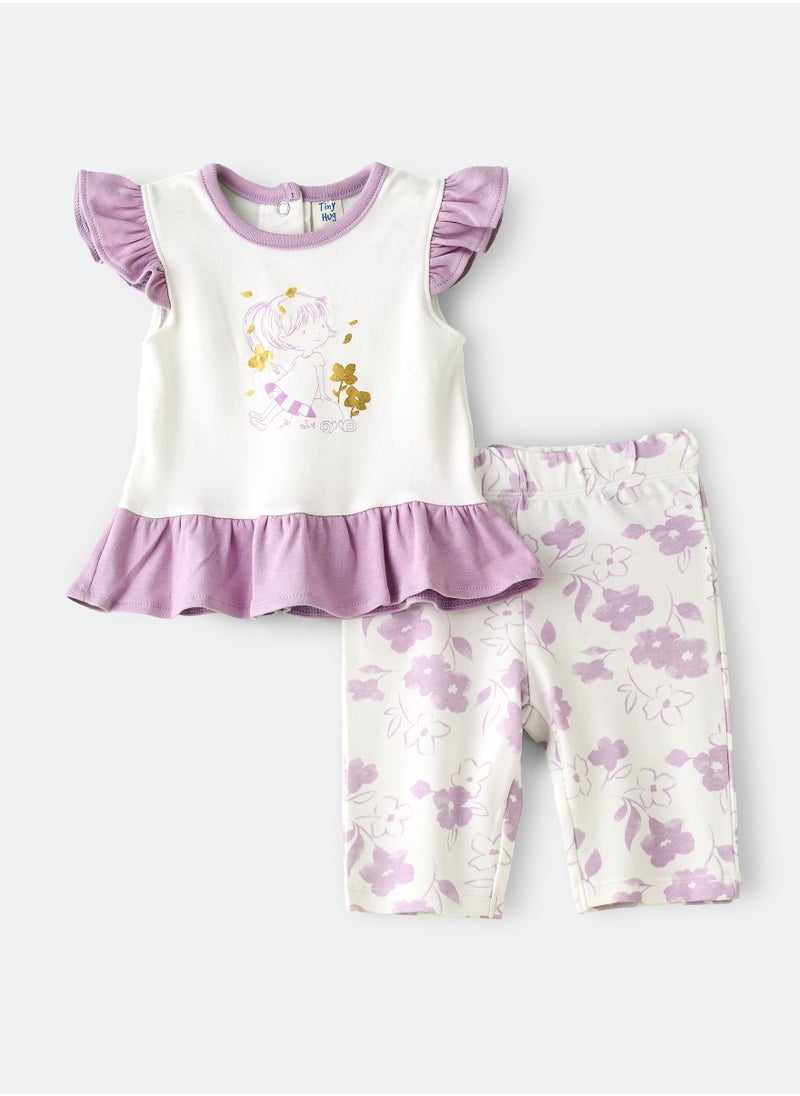 Girls' Ruffled Sleeve Peplum Top and Floral Leggings Set