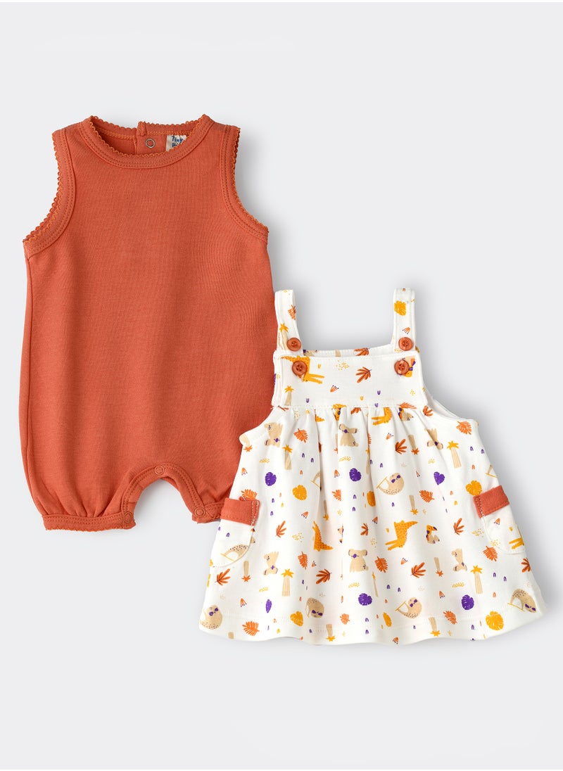 Baby Girl Sleeveless Onesie and Printed Pinafore Dress Set