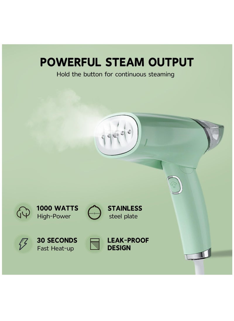 Steamer for Clothes, Foldable Handheld Steamer, 1000W Fabric Wrinkle Remover with Brush & Measure Cup Lightweight Fabric Steam Iron for Home and Travel, Green