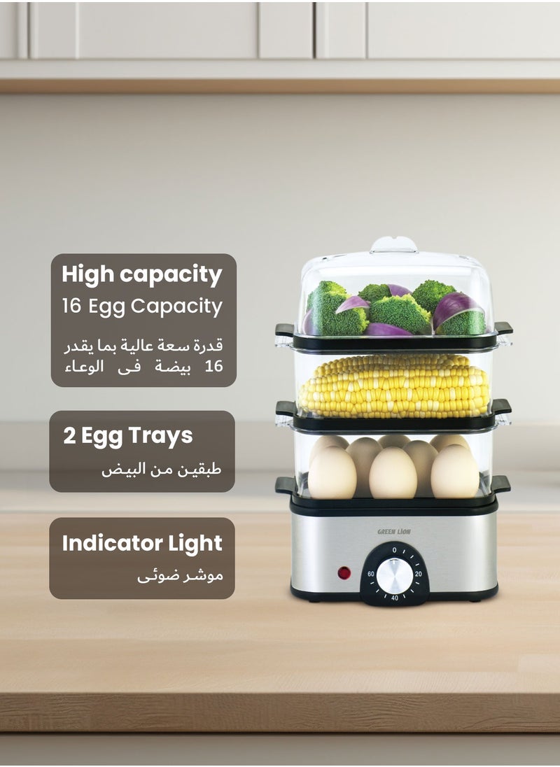 3-Tier Egg Cooker & Vegetables Steamer 500W with 16 Egg Capacity & 0-60 min Timer Knob UK / 500mL Water Reservoir / Stainless Steel Heating / Rotary Knob / Steam Vent Lid / 1L Steam Rack / BPA Free Plastic / Indicator Light - Grey
