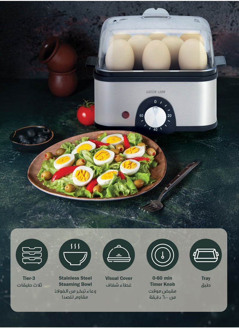 3-Tier Egg Cooker & Vegetables Steamer 500W with 16 Egg Capacity & 0-60 min Timer Knob UK / 500mL Water Reservoir / Stainless Steel Heating / Rotary Knob / Steam Vent Lid / 1L Steam Rack / BPA Free Plastic / Indicator Light - Grey