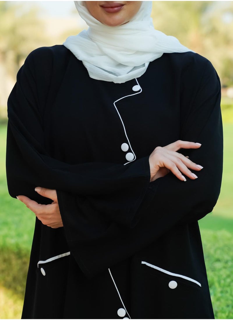 Black Abaya with Stylish Piping & Decorative Buttons – Elegant and Modest