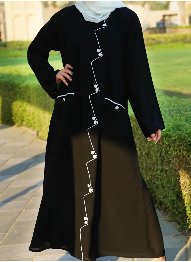 Black Abaya with Stylish Piping & Decorative Buttons – Elegant and Modest