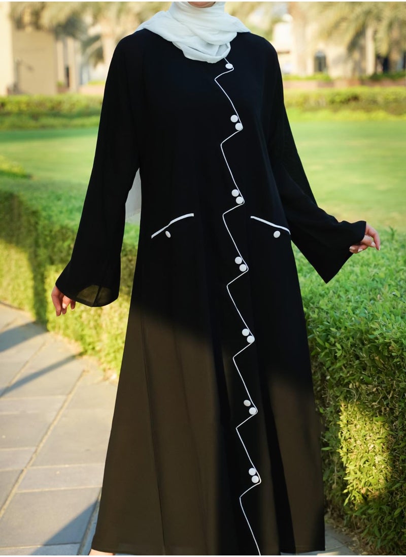 Black Abaya with Stylish Piping & Decorative Buttons – Elegant and Modest