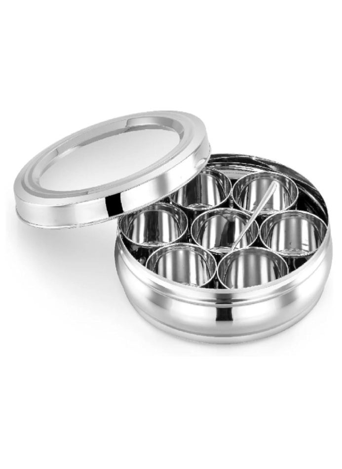 Stainless Steel Spice Box Round Masala Dabba with Transparent Lid and 7Jars 9.5 inches