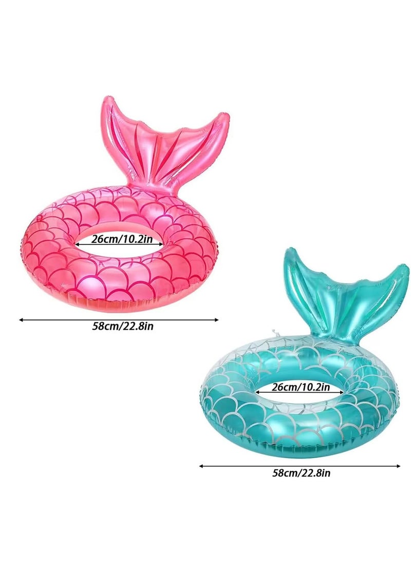 2 Pcs Mermaid Pool Float Inflatable Swimming Ring Mermaid Tail Shaped Pool Swimming Float Float Tube Ring Children Swim Rings for Kids Infants Beach Water Activities, Green, Pink