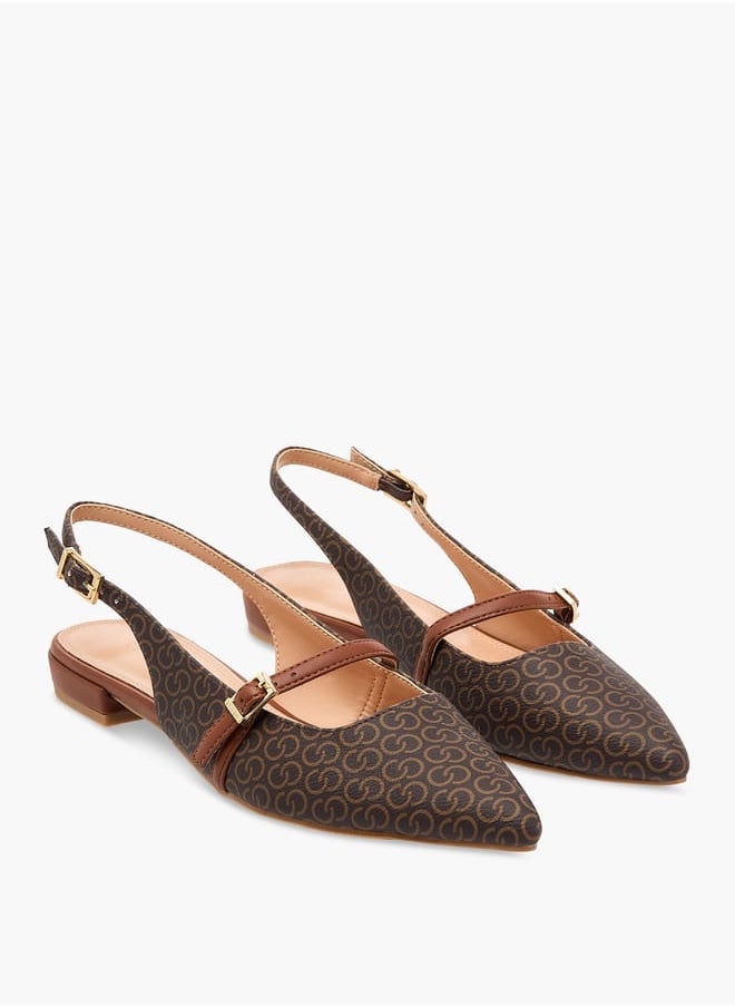 Women's Monogram Print Slingback Shoes with Buckle Closure