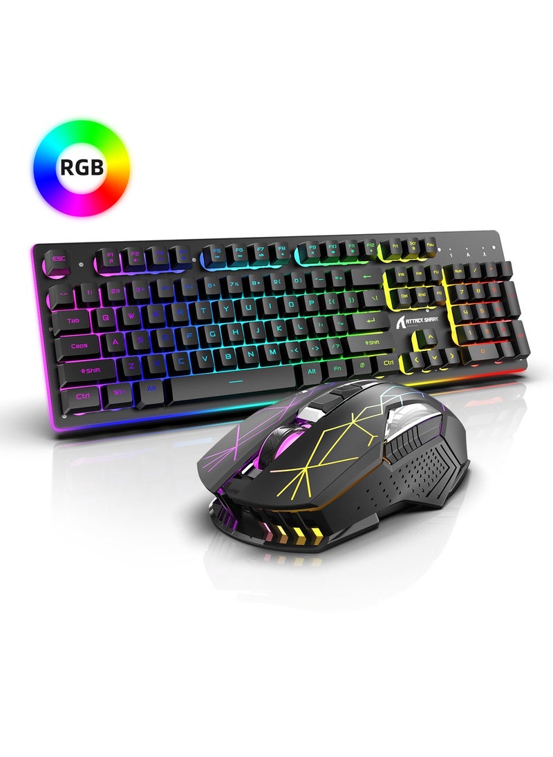 Wireless Gaming Keyboard and Mouse Combo, 12 RGB Chroma Backlit, 4200mAh Rechargeable Battery, USB Mechanical Feel+Type-C Dual Interface Receiver, Mechanical Feel Anti-ghosting Keyboard + 2400DPI Mice for PC Gamer, Black