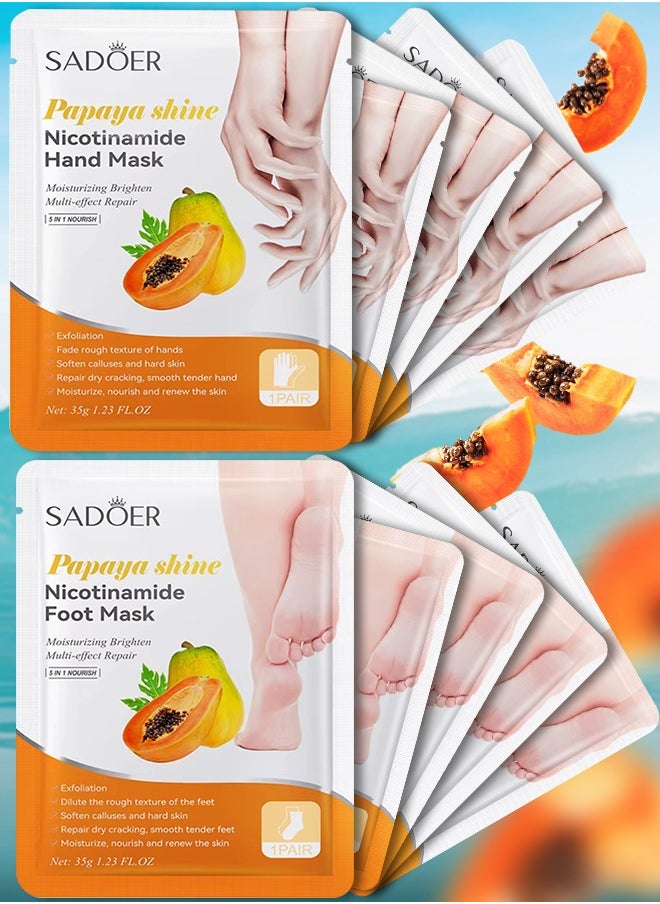 10 Pcs Papaya Shine Nicotinamide Mask Set 5 Pcs Hand Mask and 5 Pcs Foot Mask Papaya Moisturizing Brightening Hydrating Nourishing Skin Exfoliation Hand Foot Mask Repair Soften Calluses and Hard Skin Hand Foot Exfoliate Mask