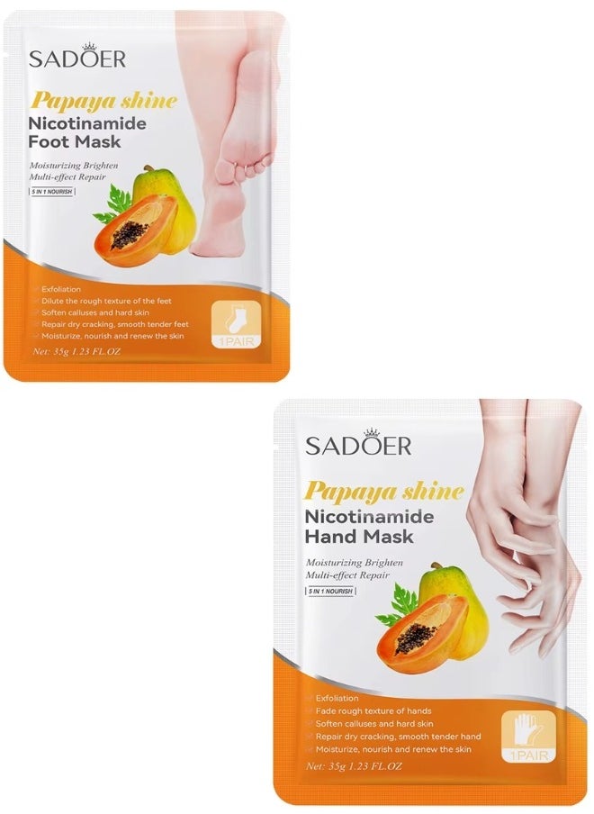 10 Pcs Papaya Shine Nicotinamide Mask Set 5 Pcs Hand Mask and 5 Pcs Foot Mask Papaya Moisturizing Brightening Hydrating Nourishing Skin Exfoliation Hand Foot Mask Repair Soften Calluses and Hard Skin Hand Foot Exfoliate Mask