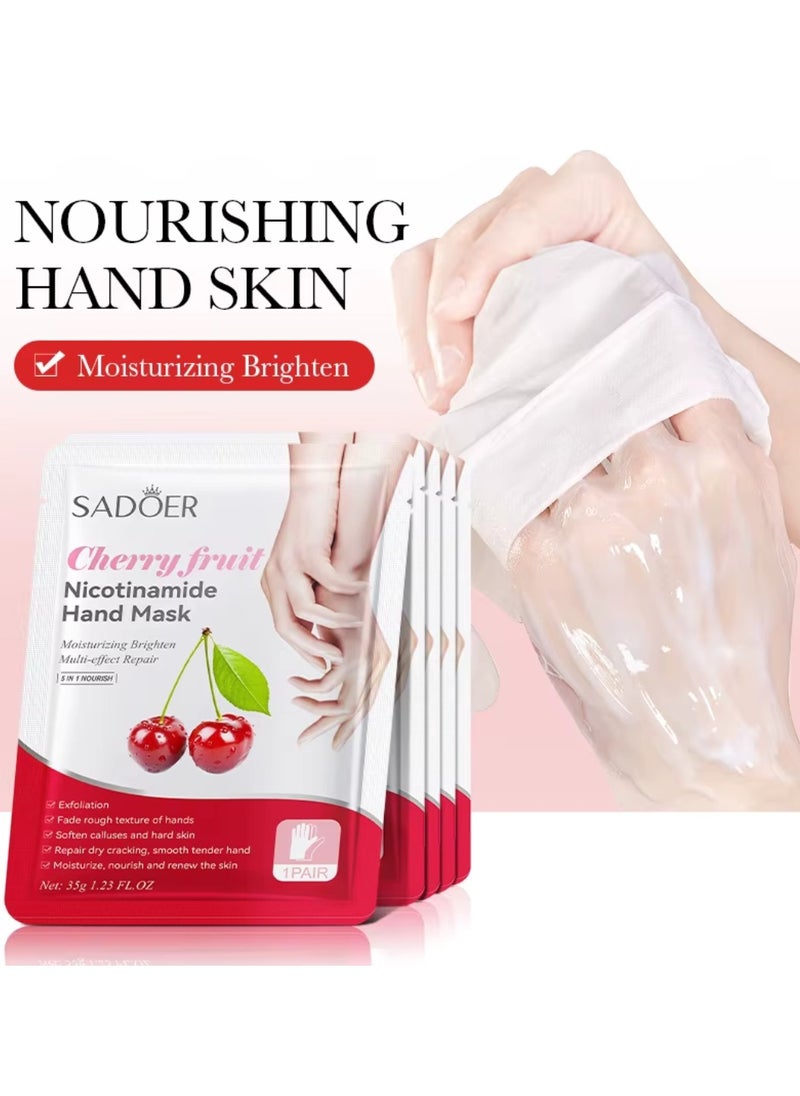 10 Pcs Cherry Fruit Nicotinamide Mask Set 5Pcs Foot Mask 5 Pcs Hand Mask Cherry Moisturizing Brightening Hydrating Nourishing Skin Exfoliation Hand Foot Mask Repair Soften Calluses and Hard Skin Hand Foot Exfoliate Mask
