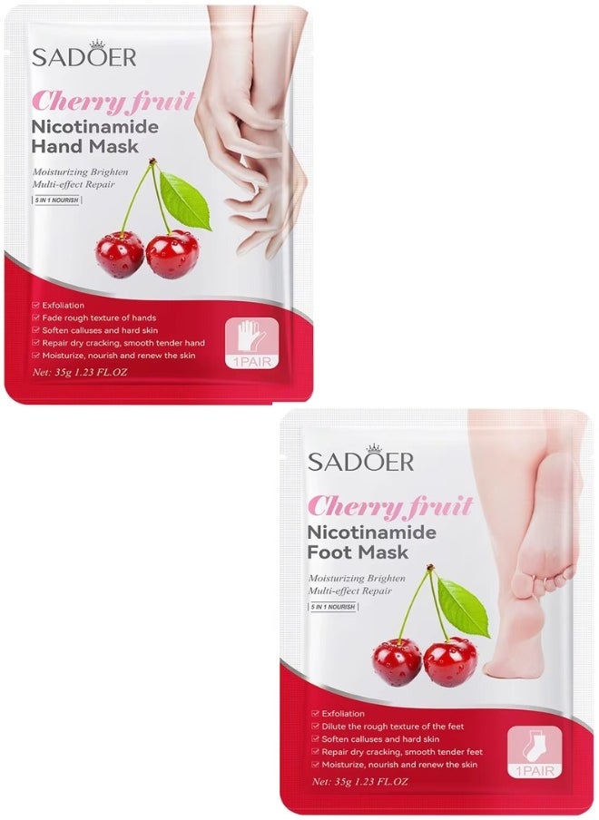 10 Pcs Cherry Fruit Nicotinamide Mask Set 5Pcs Foot Mask 5 Pcs Hand Mask Cherry Moisturizing Brightening Hydrating Nourishing Skin Exfoliation Hand Foot Mask Repair Soften Calluses and Hard Skin Hand Foot Exfoliate Mask