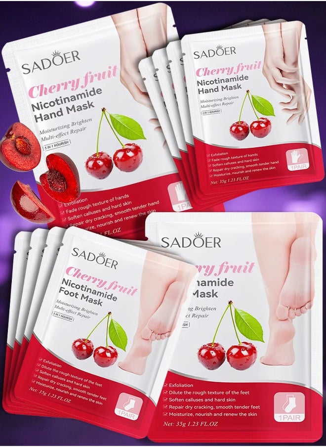 10 Pcs Cherry Fruit Nicotinamide Mask Set 5Pcs Foot Mask 5 Pcs Hand Mask Cherry Moisturizing Brightening Hydrating Nourishing Skin Exfoliation Hand Foot Mask Repair Soften Calluses and Hard Skin Hand Foot Exfoliate Mask