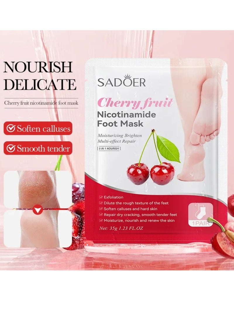 10 Pcs Cherry Fruit Nicotinamide Mask Set 5Pcs Foot Mask 5 Pcs Hand Mask Cherry Moisturizing Brightening Hydrating Nourishing Skin Exfoliation Hand Foot Mask Repair Soften Calluses and Hard Skin Hand Foot Exfoliate Mask