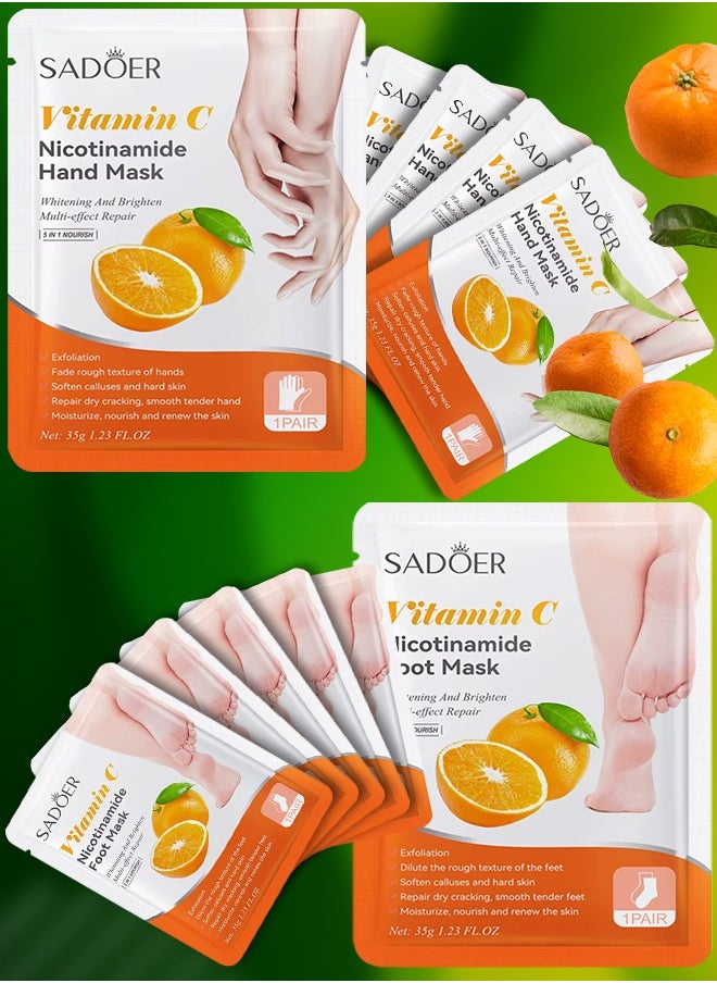 10 Pcs Vitamin C Nicotinamide Mask Set  5 Pcs Foot Masks 5 Pcs Hand Masks Vitamin C Moisturizing Brightening Hydrating Nourishing Skin Exfoliation Hand Foot Mask Repair Soften Calluses and Hard Skin Hand Foot Exfoliate Mask