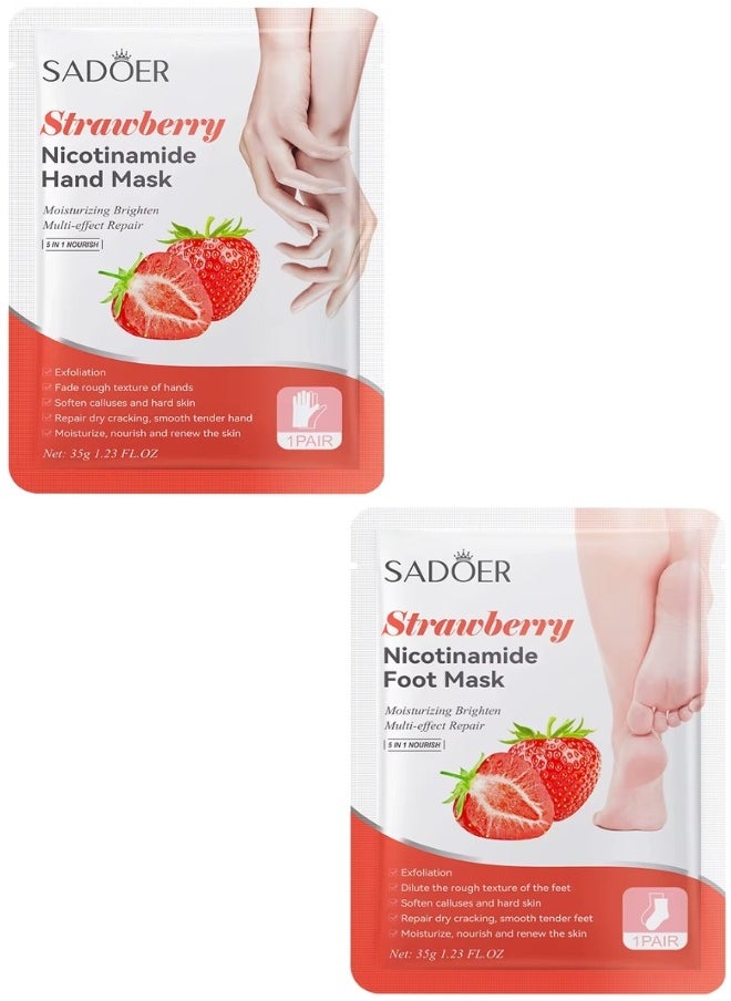 10 Pcs Strawberry Nicotinamide Mask Set 5 Pcs Hand Mask and 5 Pcs Foot Mask Strawberry Moisturizing Brightening Hydrating Nourishing Skin Exfoliation Hand Foot Mask Repair Soften Calluses and Hard Skin Hand Foot Exfoliate Mask