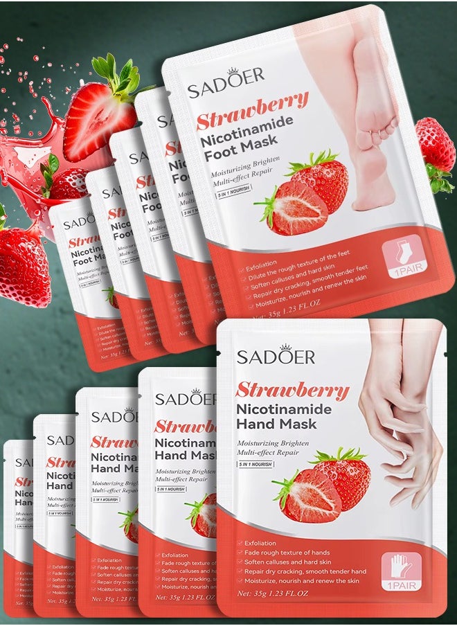 10 Pcs Strawberry Nicotinamide Mask Set 5 Pcs Hand Mask and 5 Pcs Foot Mask Strawberry Moisturizing Brightening Hydrating Nourishing Skin Exfoliation Hand Foot Mask Repair Soften Calluses and Hard Skin Hand Foot Exfoliate Mask