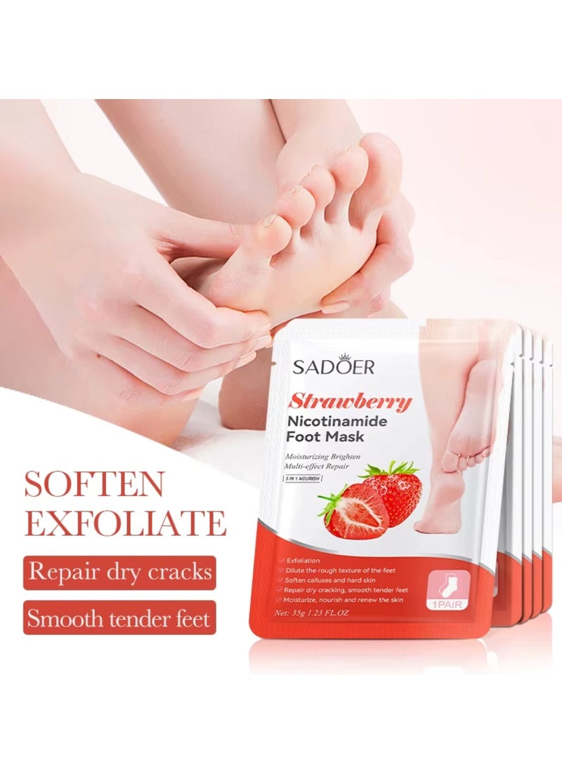 10 Pcs Strawberry Nicotinamide Mask Set 5 Pcs Hand Mask and 5 Pcs Foot Mask Strawberry Moisturizing Brightening Hydrating Nourishing Skin Exfoliation Hand Foot Mask Repair Soften Calluses and Hard Skin Hand Foot Exfoliate Mask