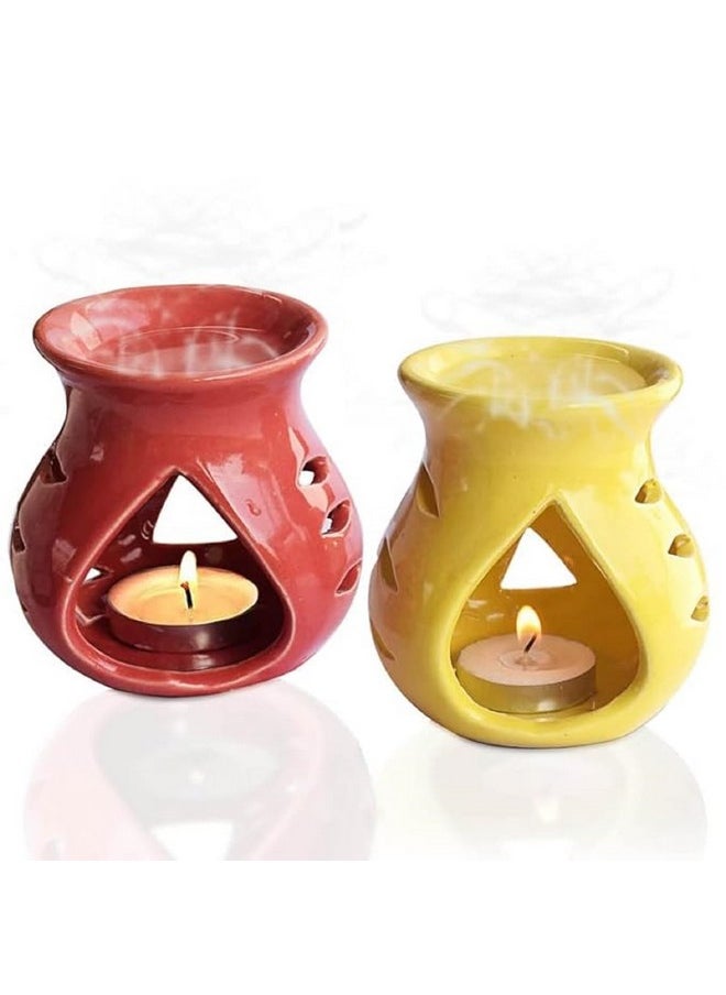 Pure Source India Ceramic Oil Burner Aroma Diffuser Set of 2 (Red & Yellow)