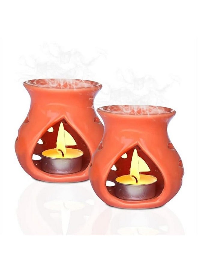 Pure Source India Ceramic Clay Oil Burner Aroma Diffuser (Orange) -Set of 2