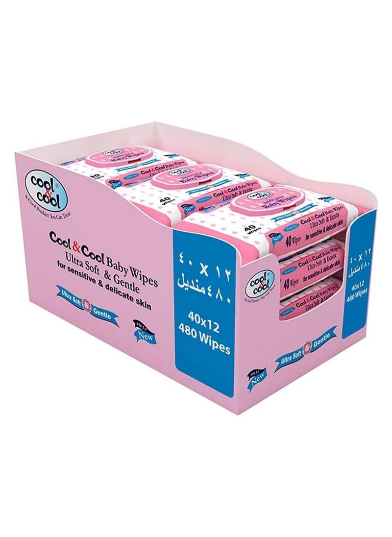 Cool Cool Baby Wipes with Aloe Vera Vitamin E, Alcohol-Free, Pack of 12, 40 Pieces Each