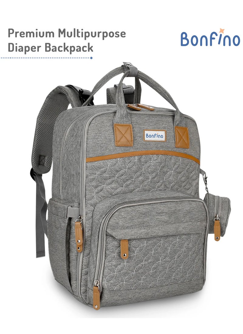 Bonfino Multipurpose Diaper Bag, Waterproof, Insulated Pockets, Baby Essential Organizer, 0 Months+, 40 x 14 x 41 cm - Grey