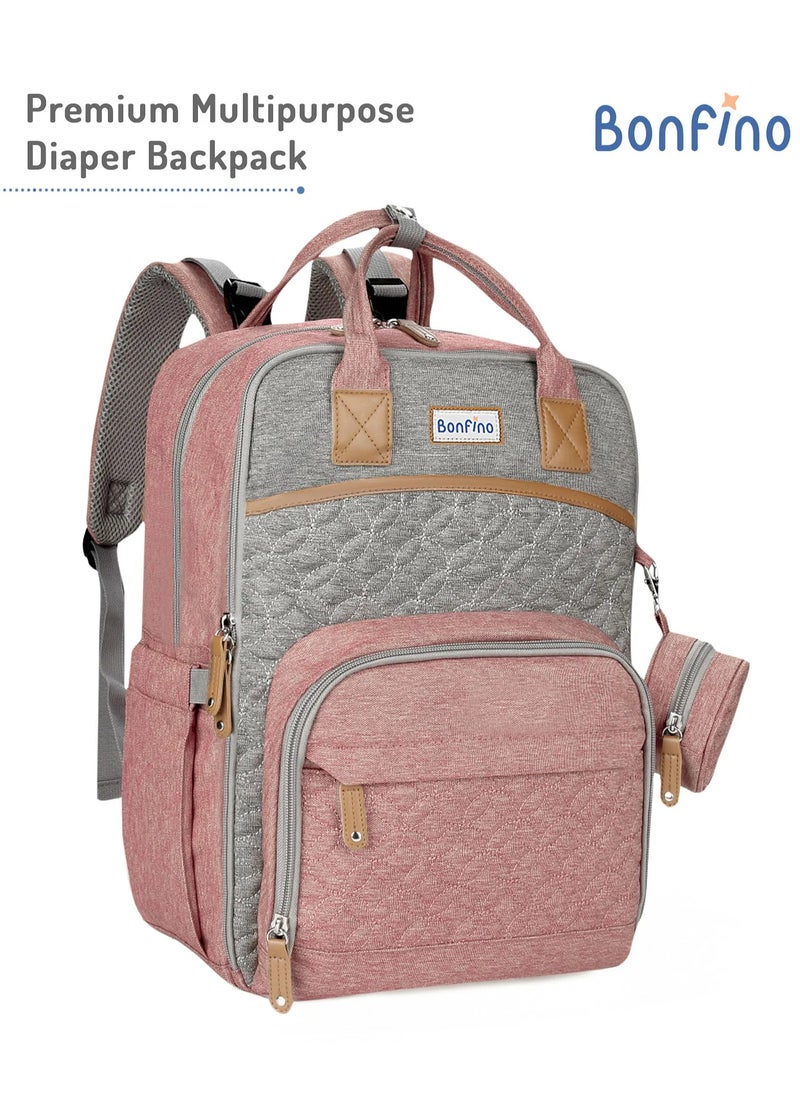 Bonfino Multipurpose Diaper Bag, Waterproof, Insulated Pockets, Baby Essential Organizer, 0 Months+, 40 x 14 x 41 cm - Pink and Grey