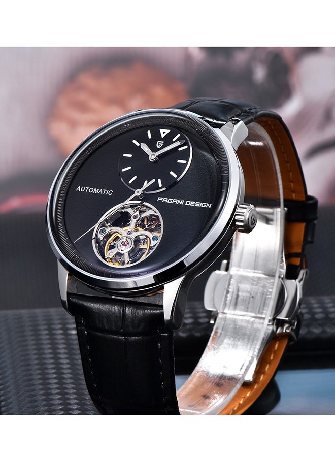 Automatic Mens Watches with Balance Wheel Mechanical Wrist Watch for Men Waterproof PU Leather Watchband Luxury Self-Winding Stainless Steel Watch
