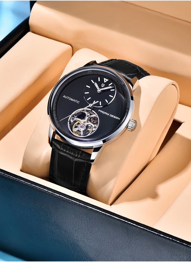 Automatic Mens Watches with Balance Wheel Mechanical Wrist Watch for Men Waterproof PU Leather Watchband Luxury Self-Winding Stainless Steel Watch
